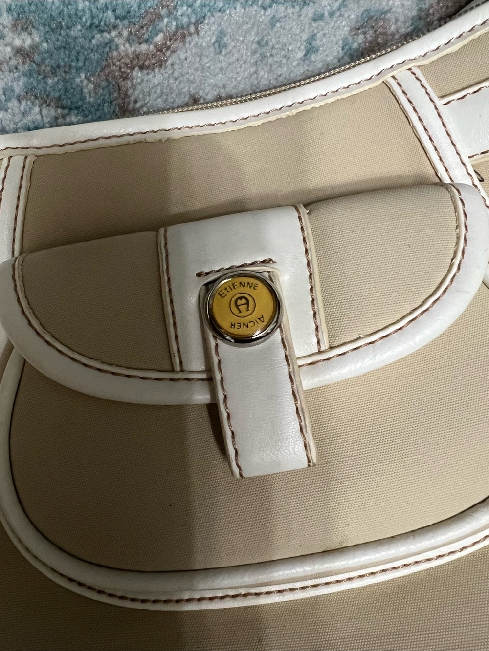 VINTAGE Etienne Aigner Cream Canvas Shoulder Bag with White Trim